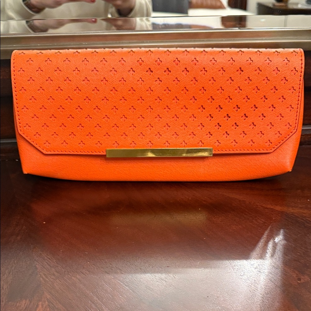 J Crew sunbaked Orange Clutch with Gold Accent